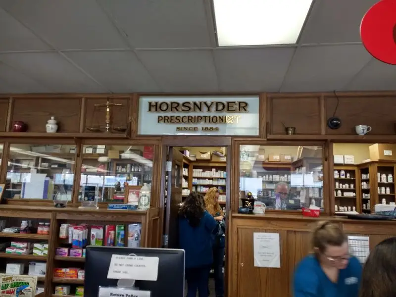 Front desk and service counter inside Horsnyder Pharmacy
